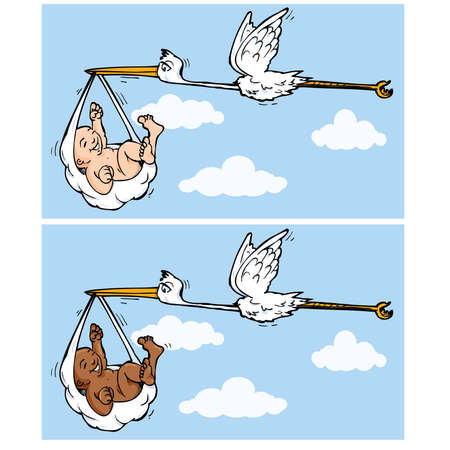 Cartoon stork flying with baby hanging from a napkin in its beakのイラスト素材