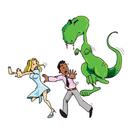 Cartoon of man and woman running from a T rex. Isolated on whiteのイラスト素材