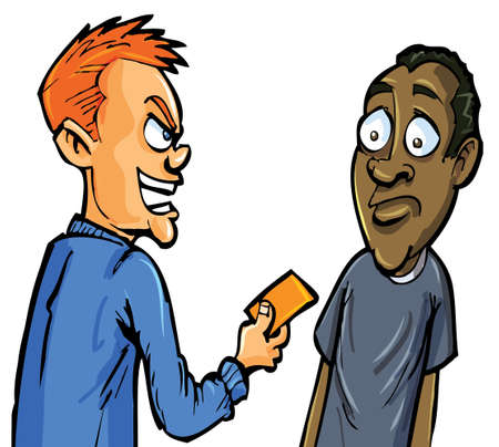 Cartoon aggressive man giving card. Isolated on whiteのイラスト素材