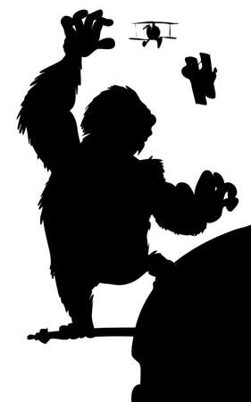 Silhouette King Kong hanging on a skyscraper with biplanesのイラスト素材