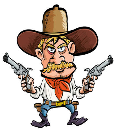 Cartoon cowboy with his guns drawn. Isolated on whiteのイラスト素材