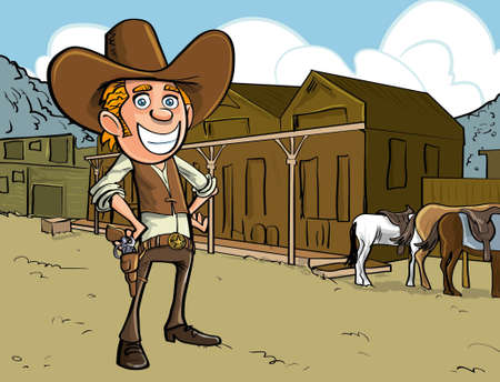 Cartoon cowboy with sixguns . Town street in the background with horsesのイラスト素材