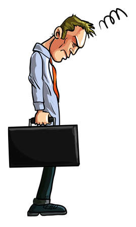 Cartoon illustration of a dejected businessman, probably suffering a hangover from the festivities over the holidays, hanging his head as he stands holding his briefcase in a Back to Work conceptのイラスト素材