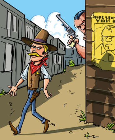 Cartoon illustration with a Wanted notice for a cowboy with a handsome sheriff walking past watched from the doorway of a building by the gun toting outlaw himselfのイラスト素材