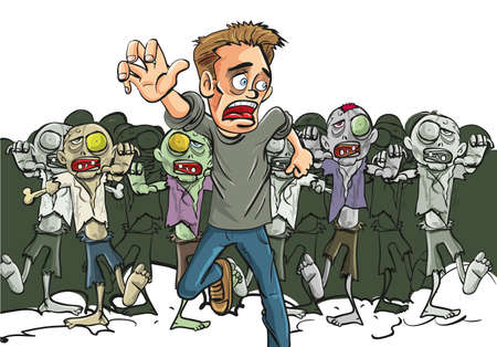 Large crowd of ghoulish undead zombies pursue a running man fleeing for his lfe after they find a lone survivor of the Zombie Apocalypse, cartoon illustrationのイラスト素材