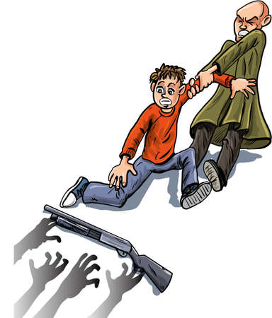 Survivor pulls fellow survivor away from zombie hands  Isolated on whiteのイラスト素材