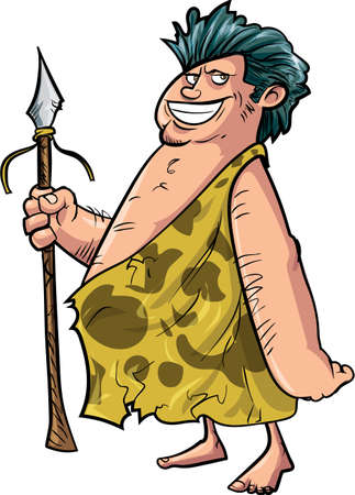 Cartoon caveman with a spear. Isolated on whiteのイラスト素材