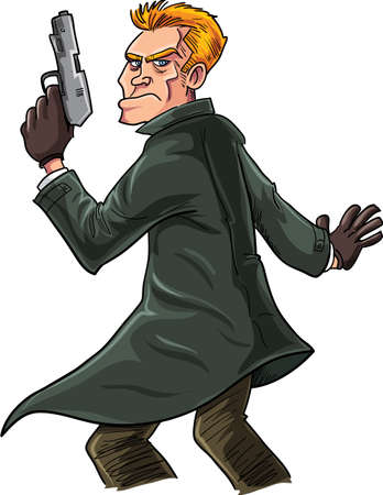 Cartoon spy with a gun looking over his shoulder. Isolatedのイラスト素材