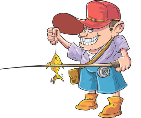 Cartoon fisherman caught a fish. Isolated