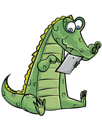 Cartoon crocodile using a computer tablet. Isolated on whiteのイラスト素材