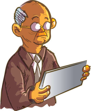 Cartoon old man using an ipad. Isolated on whiteのイラスト素材