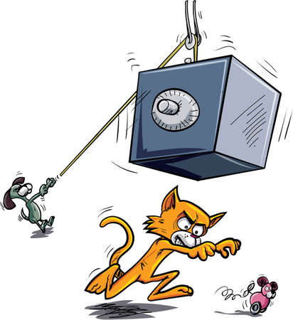 Cartoon cat about to be crushed by falling safe.Isolated on whiteのイラスト素材