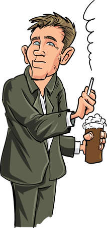 Cartoon man smoking while holding a beer. Isolated on whiteのイラスト素材