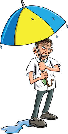 Cartoon man under an umbrella getting wet. Isolatedのイラスト素材