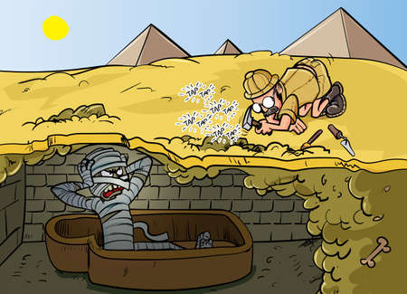 Cartoon Archaeologist annoys ancient mummy.のイラスト素材