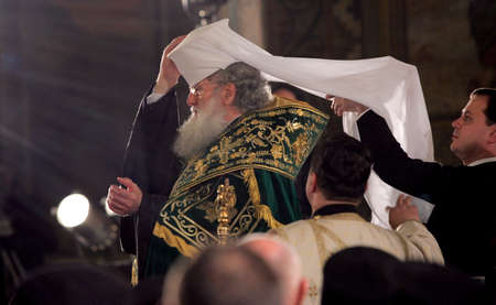 SOFIA, BULGARIA - FEBRUARY 24: The Bulgarian patriarch Neophyte during his inauguration at St. Alexander Nevsky Cathedral on February 24, 2013 in Sofia, Bulgaria.のeditorial素材