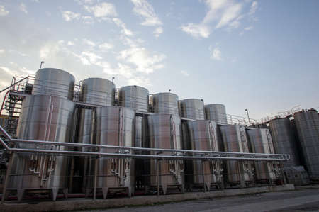 Modern aluminum barrels for wine in wine factory