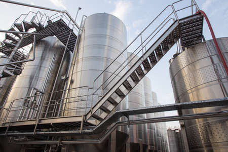 Modern aluminum barrels for wine in wine factory