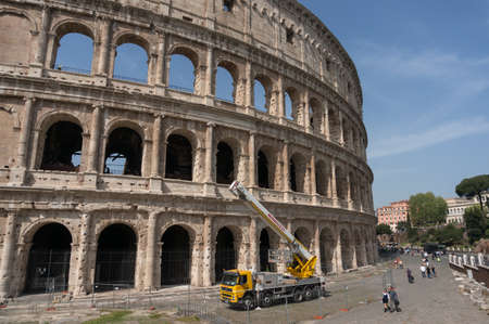 ROME, ITALY - APRIL 7 : The Colosseum in Rome with restore works in progress on the facade. The Colosseum or Coliseum, also known as the Flavian Amphitheatre in Rome, Italy on April 7, 2016.のeditorial素材