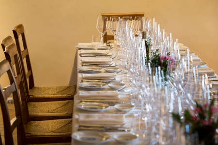 Many empty wine glasses on the table.の写真素材