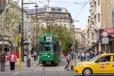 SOFIA, BULGARIA - OCT 1: Pedestrians and trams are passing through the renovatedのeditorial素材