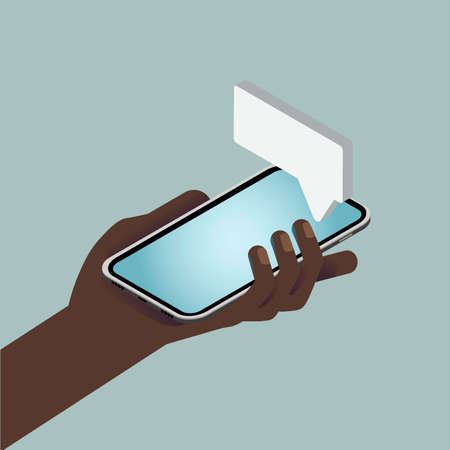 illustration of a black hand with smartphone and pop-ups in isometric view on blue background.のイラスト素材