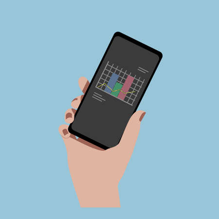 Hand with smartphone. businessman. Stock market trading graph, exchange. schedule. analytical data. Diagram on smartphone screen.のイラスト素材