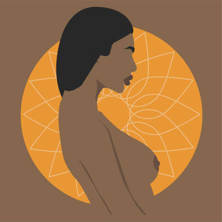 Silhouette of a naked girl. flat nude girl. Flat illustration of a nude girl. Nude black woman. Sexy woman. Girl with bare breasts.のイラスト素材