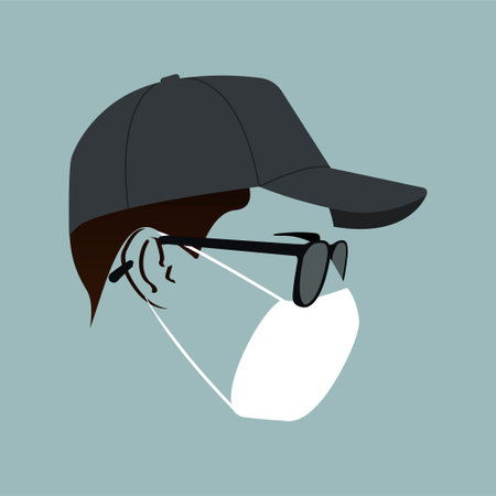 Silhouette of a guy. Portrait. Avatar. Icon. Facial contours. Man in a baseball cap and sunglasses. Male head. Man head silhouette. Flat colored Male illustration. Male head in theのイラスト素材