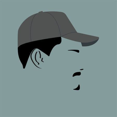 Silhouette of a guy. Portrait. Avatar. Icon. Facial contours. Bearded man in a baseball cap. Stylish guy. Male head. Man head silhouette. Flat colored Male illustration.のイラスト素材