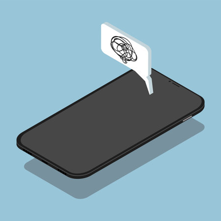 Smartphone. Isometric phone. 3D smartphone. Smartphone and speech bubble. Fault message. Phone problems. Broken phone. Colored illustration on blue backgroundのイラスト素材