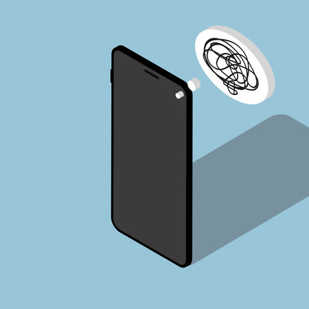 Isometric phone. 3D smartphone. Smartphone and speech bubble. Fault message. Phone problems. Broken phone. Colored illustration on blue backgroundのイラスト素材