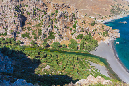 River Megas Potamos and unique black sand beach の写真素材