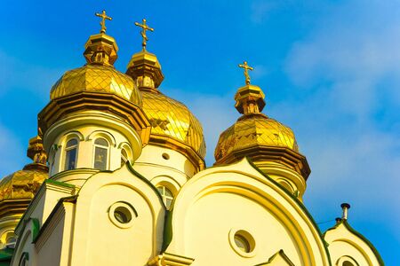 Orthodox church of saint Adrian and Nataly at sunset. Kiev, Ukraine.の写真素材