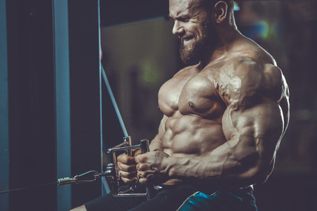 Handsome caucasian athlete muscular fitness male model execute exercise in the gym. Brutal bodybuilder powerful training on diet back and bicepsの写真素材