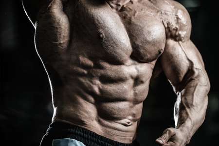 Handsome fit caucasian muscular man flexing his muscles in gym on diet. Brutal bodybuilder powerful training and execute exerciseの写真素材