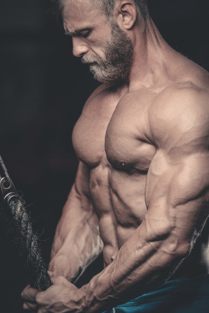 Brutal caucasian handsome fitness men on diet training triceps in gym pumping up body bodybuilding athleteの写真素材