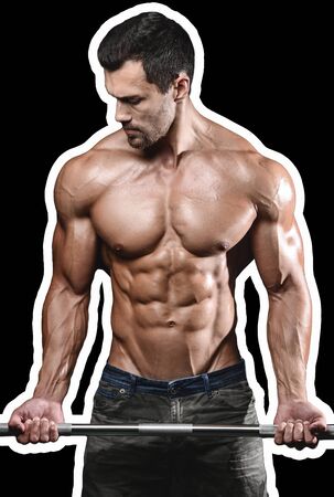Handsome power athletic man on diet training pumping up muscles with dumbbell and barbell. Strong bodybuilder with six pack, perfect abs, shoulders, biceps, triceps and chestの写真素材