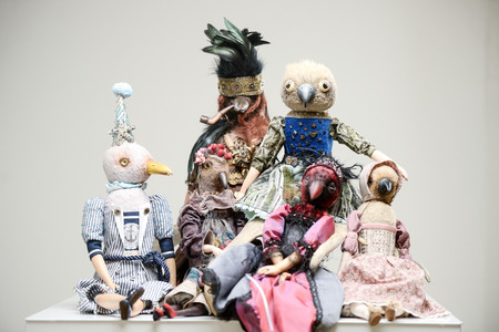 Fur porcelain clay teddy birds corset dress vintage toy carnival costume animal mood vintage craft handmade handcrafted background decor doll gift texture conceptの写真素材