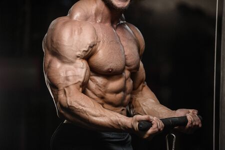 Handsome strong athletic men pumping up biceps muscles workout fitness and bodybuilding concept background - muscular bodybuilder fitness men doing arms exercises in gym naked torsoの写真素材