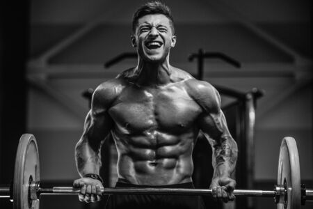 Handsome strong athletic men pumping up biceps muscles workout fitness and bodybuilding concept background - muscular bodybuilder fitness men doing arms exercises in gym naked torsoの写真素材