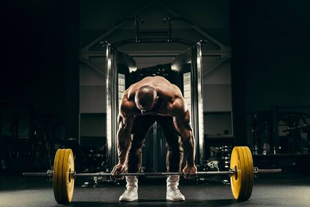 Bodybuilder handsome strong athletic rough man pumping up back muscles deadlift workout fitness and bodybuilding healthy concept background - muscular fitness men doing arms exercises in gym naked torsoの写真素材