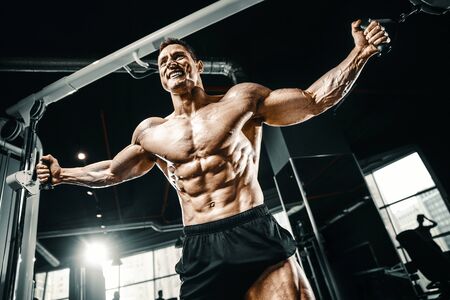 Muscular bodybuilder at cable crossovers fitness men pumping up muscles. Workout fitness exercises and bodybuilding concept background - Handsome athletic men doing bars exercises in gym naked torsoの写真素材