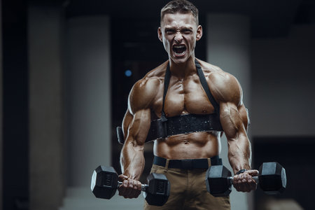 Rage Scream. Energy caucasian strong athlete screaming in the gym during training abs. Fitness, bodybuilding and health care conceptの写真素材