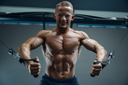 Bodybuilder handsome strong athletic good looking man pumping up chest muscles workout fitness and bodybuilding healthy concept - muscular fitness men doing pectorals exercises in gym naked torsoの写真素材