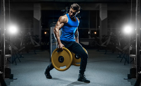 Handsome young fit muscular caucasian man of model appearance workout training in the gym gaining weight pumping up muscles and poses fitness and bodybuilding sport conceptの写真素材