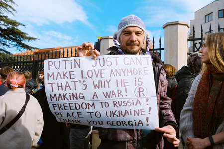 Protest against the war in Ukraine. Protest against Putin and against Russian terror in Tbilisi, Georgia - 12 Mar 2022のeditorial素材