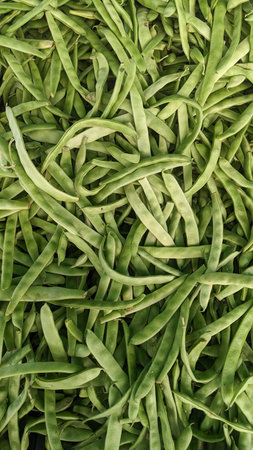 Macro, closeup background of fresh whole green pea pods arranged in random natural pattern.