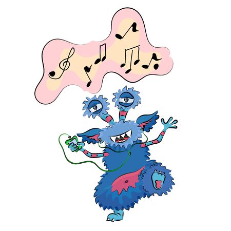cheerful monster listening to music from the phone and dancesのイラスト素材