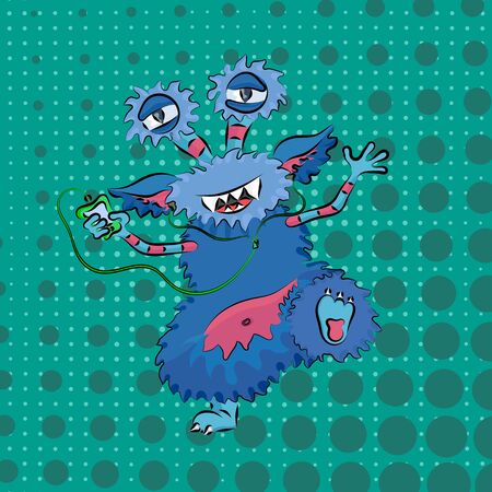 funny monster dancing on a green background pop art and listening to music from your phoneのイラスト素材